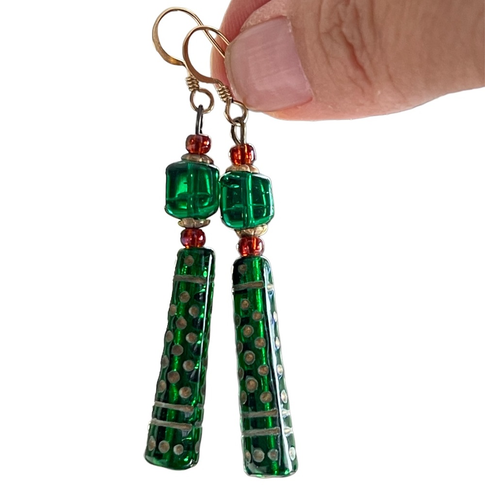 Emerald green glass drop earrings 14K gold hoops